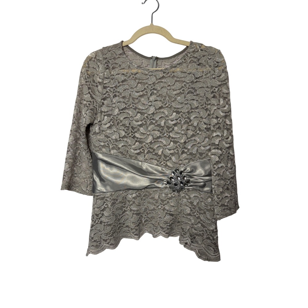 Alex Evenings Blouse S Silver Metallic Lace Rhinestone Sash Elegant Formal MOB